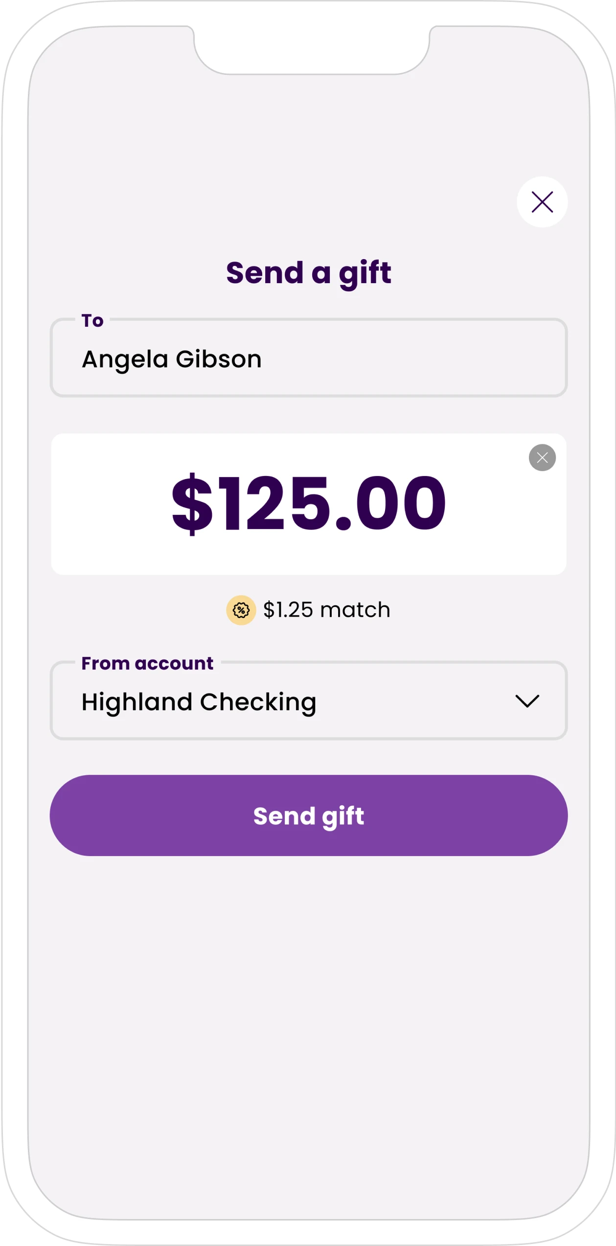 Mobile phone with Voura 'Send gift' screen, showing a recipent field, amount of $125 to send, $1.25 VouraMatch amount, and selected bank account to send from.